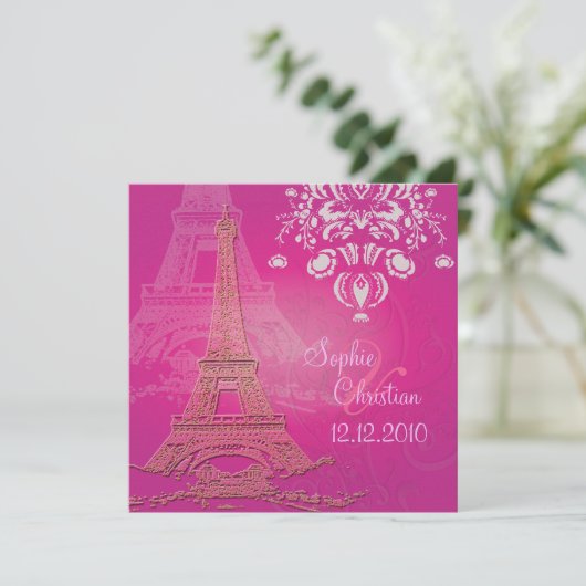 Roze Paris Eiffel + swirls Wedding Invitting Kaart (Staand voorkant)