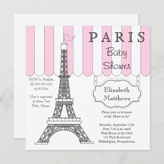 Roze Paris Eiffel Tower Baby shower Uitnodiging (Voorkant / Achterkant)