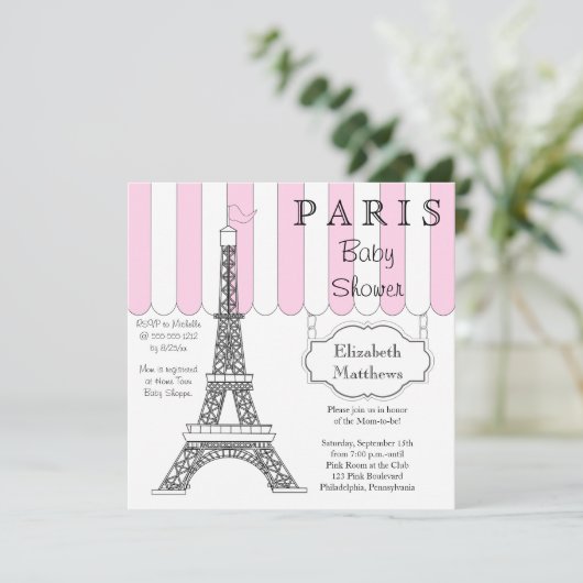 Roze Paris Eiffel Tower Baby shower Uitnodiging (Staand voorkant)