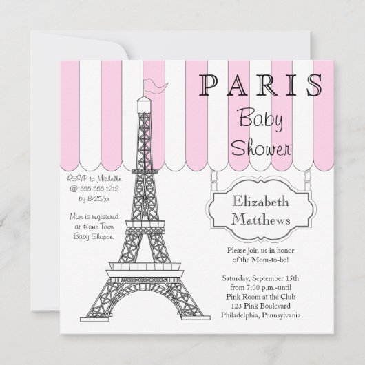 Roze Paris Eiffel Tower Baby shower Uitnodiging (Voorkant)