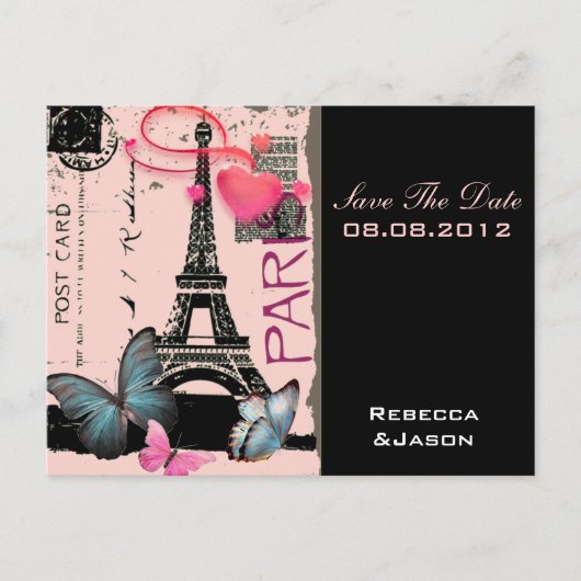 roze paris eiffeltoren destination wedding aankondigingskaart (Voorkant)