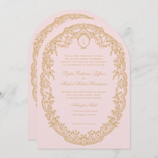  roze Paris Monogram Uitnodiging (Voorkant / Achterkant)