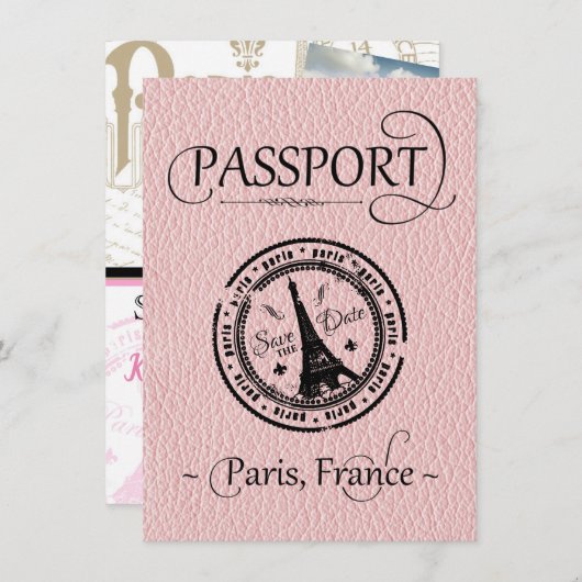 Roze Paris Passport Save the Date Kaart (Voorkant / Achterkant)