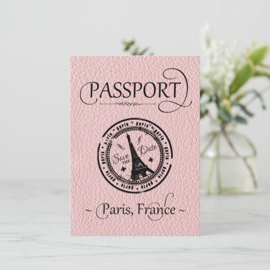 Roze Paris Passport Save the Date Kaart (Staand voorkant)