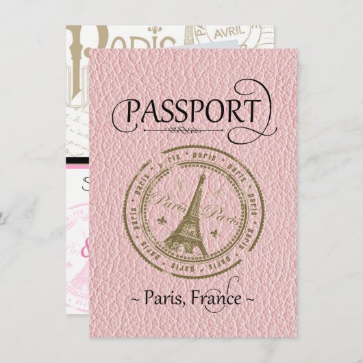 Roze Paris Passport Save the Date Kaart (Voorkant / Achterkant)