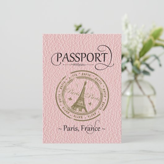 Roze Paris Passport Save the Date Kaart (Staand voorkant)