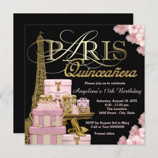 Roze Paris Quinceanera Kaart (Voorkant / Achterkant)