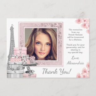 Roze Paris Sweet 16 bedankkaartjes Bedankkaart