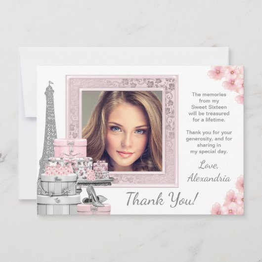 Roze Paris Sweet 16 bedankkaartjes Bedankkaart (Voorkant)