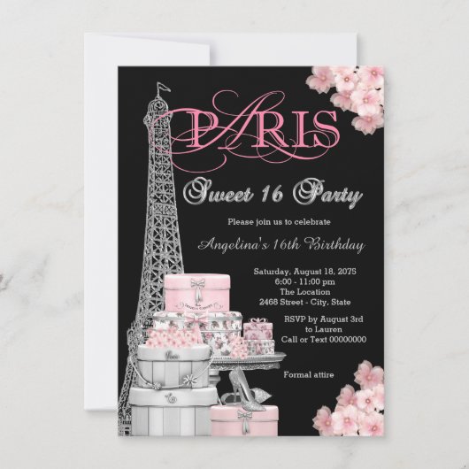 Roze Paris Sweet 16 Feest Kaart (Voorkant)