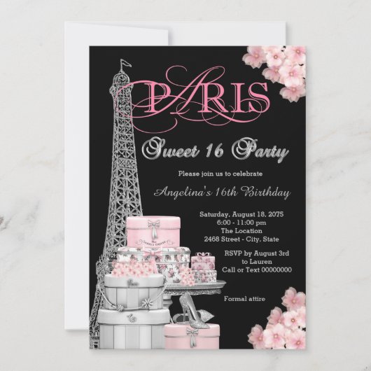 Roze Paris Sweet 16 Feest Kaart (Voorkant)