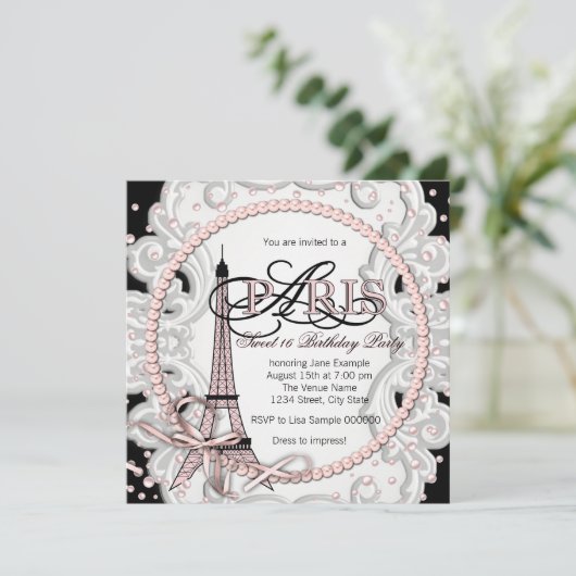  Roze Paris Sweet 16 Verjaardagsfeest Kaart (Staand voorkant)