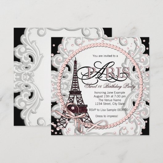  Roze Paris Sweet 16 Verjaardagsfeest Kaart (Voorkant / Achterkant)