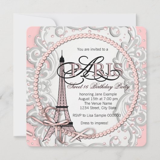  Roze Paris Sweet 16 Verjaardagsfeest Kaart (Voorkant)