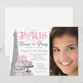 Roze Paris Sweet 16 verjaardagsfeestje Kaart (Voorkant / Achterkant)