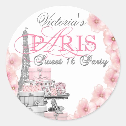 Roze Paris Sweet 16 verjaardagsfeestje Ronde Sticker (Voorkant)