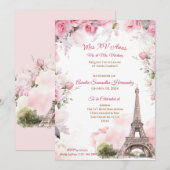 Roze Paris Thema Quinceañera Uitnodiging Bloem (Voorkant / Achterkant)