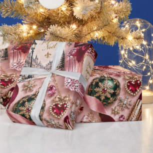 Roze Parisiaanse Kerst met Roze Blush Cadeaupapier