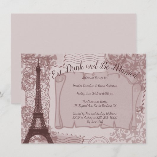 Roze Parisian Rehearsal Dinner Invitation Kaart (Voorkant / Achterkant)