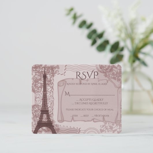 Roze parisian Wedding RSVP Kaart (Staand voorkant)
