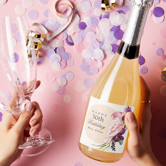 Roze Parrot Boho Tropisch 50e verjaardag Sparkling Wijnetiket