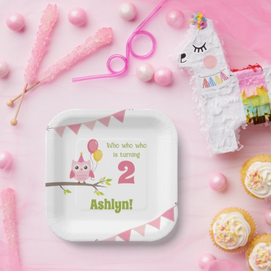 Roze partij die 2 tweede verjaardag draait papieren bordje (Feest)