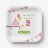Roze partij die 2 tweede verjaardag draait papieren bordje (Voorkant)