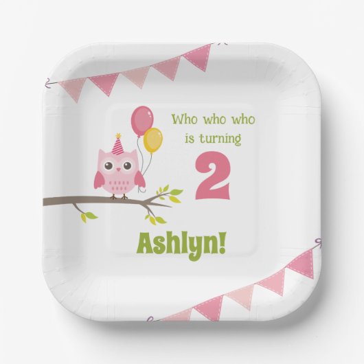 Roze partij die 2 tweede verjaardag draait papieren bordje (Voorkant)