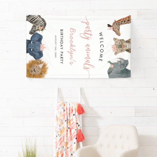 Roze partij dieren Safari Birthday Party Welkom Spandoek (Insitu)