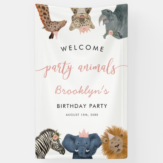Roze partij dieren Safari Birthday Party Welkom Spandoek (Verticaal)