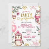 Roze Partij Pinguïns Winter Verjaardag Uitnodiging (Voorkant)