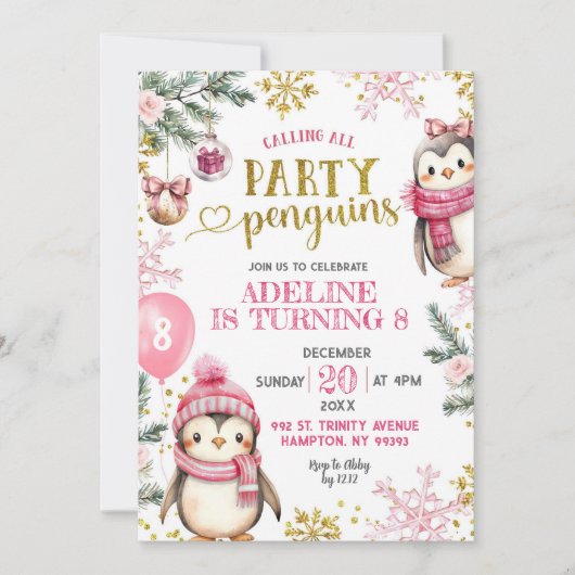 Roze Partij Pinguïns Winter Verjaardag Uitnodiging (Voorkant)