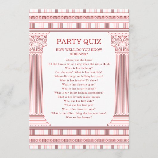 Roze Partij Quiz Godin Feest met tempel kolommen Kaart (Voorkant)