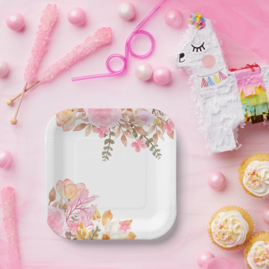 Roze Partij Waterverf Bloemen Papieren Bordje (Feest)