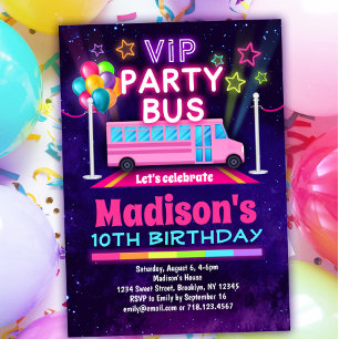 Roze partijbus VIP Birthday uitnodiging