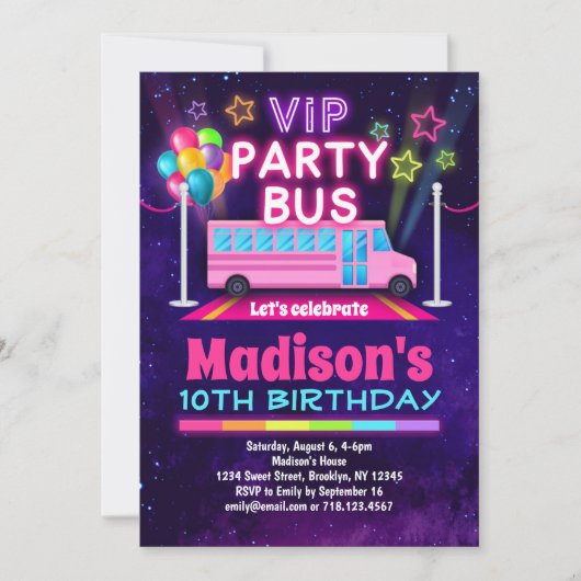 Roze partijbus VIP Birthday uitnodiging (Voorkant)
