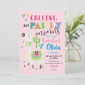 Roze party Animal Cute Llama Birthday Invitation Kaart (Staand voorkant)