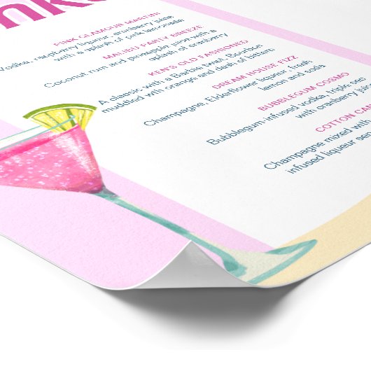 Roze Party Bachelorette Cocktail Menu Poster (Hoek)
