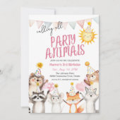 Roze Party Forest Animals in Party Petten Verjaard Kaart (Voorkant)