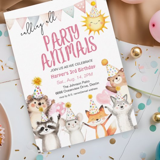 Roze Party Forest Animals in Party Petten Verjaard Kaart
