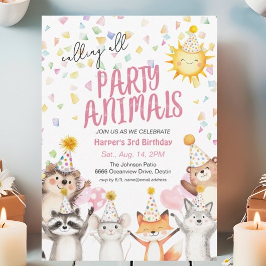 Roze Party Forest Animals in Party Petten Verjaard Kaart
