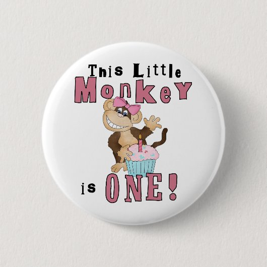 Roze Party Monkey 1e Verjaardag Tshirts en geschen Ronde Button 5,7 Cm (Voorkant)