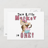 Roze Party Monkey 1e Verjaardag Tshirts en geschen Uitnodiging Briefkaart (Voorkant / Achterkant)