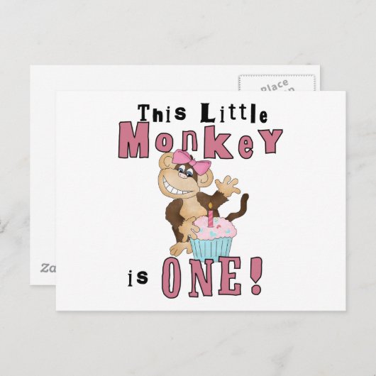 Roze Party Monkey 1e Verjaardag Tshirts en geschen Uitnodiging Briefkaart (Voorkant / Achterkant)