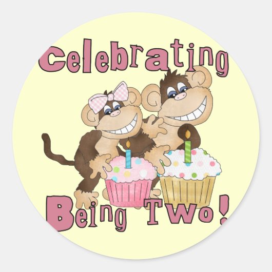 Roze Party Monkey 2e Verjaardag Tshirts en geschen Ronde Sticker (Voorkant)