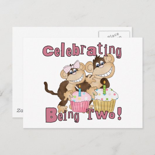 Roze Party Monkey 2e Verjaardag Tshirts en geschen Uitnodiging Briefkaart (Voorkant / Achterkant)