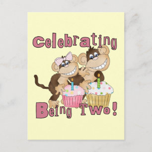 Roze Party Monkey 2e Verjaardag Tshirts en geschen Uitnodiging Briefkaart