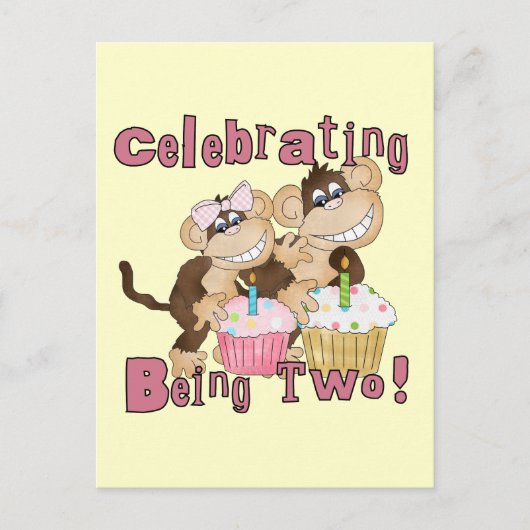 Roze Party Monkey 2e Verjaardag Tshirts en geschen Uitnodiging Briefkaart (Voorkant)