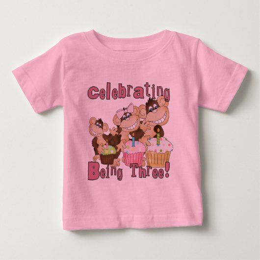 Roze Party Monkey 3e Verjaardag Tshirts en geschen (Voorkant)