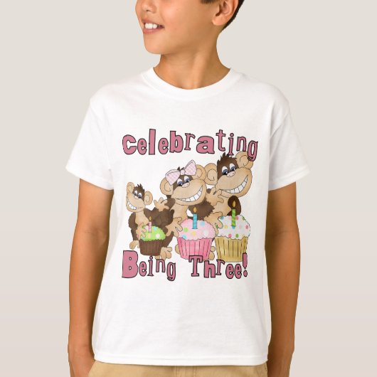 Roze Party Monkey 3e Verjaardag Tshirts en geschen (Voorkant)